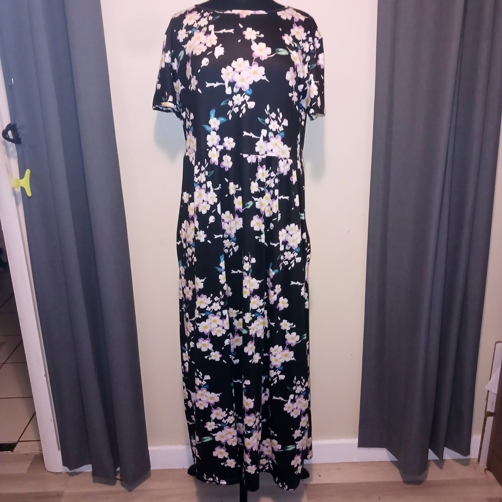 Cottagecore Black Floral Maxi Dress Short Sleeve Empire Waist Pockets  3XL